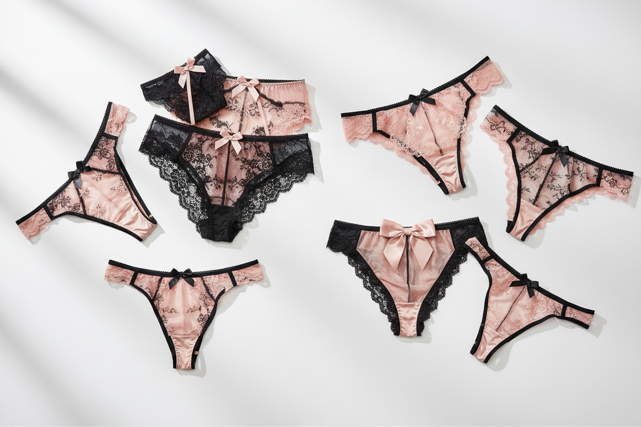Photo de strings, culottes et tangas de lingerie chic, tons rose et noir